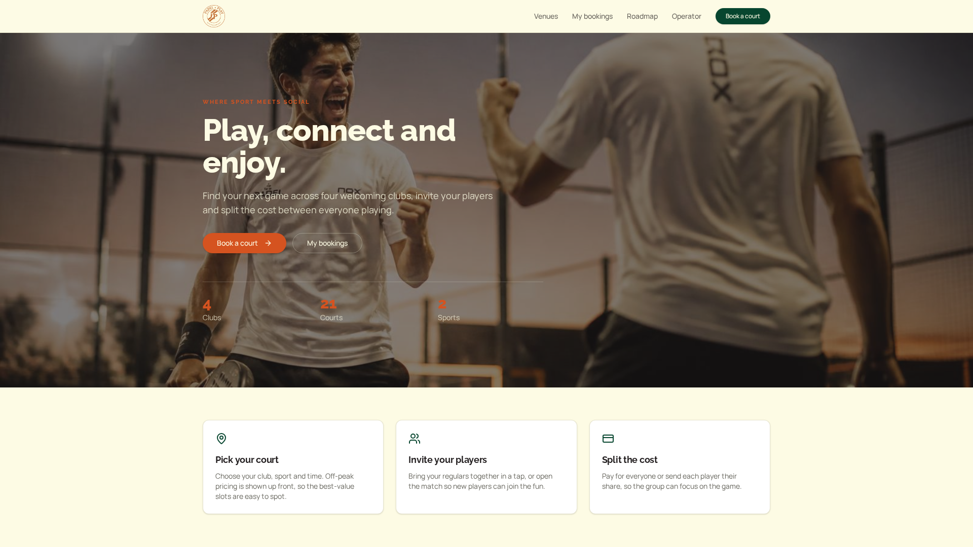 Padel + Play booking system home page