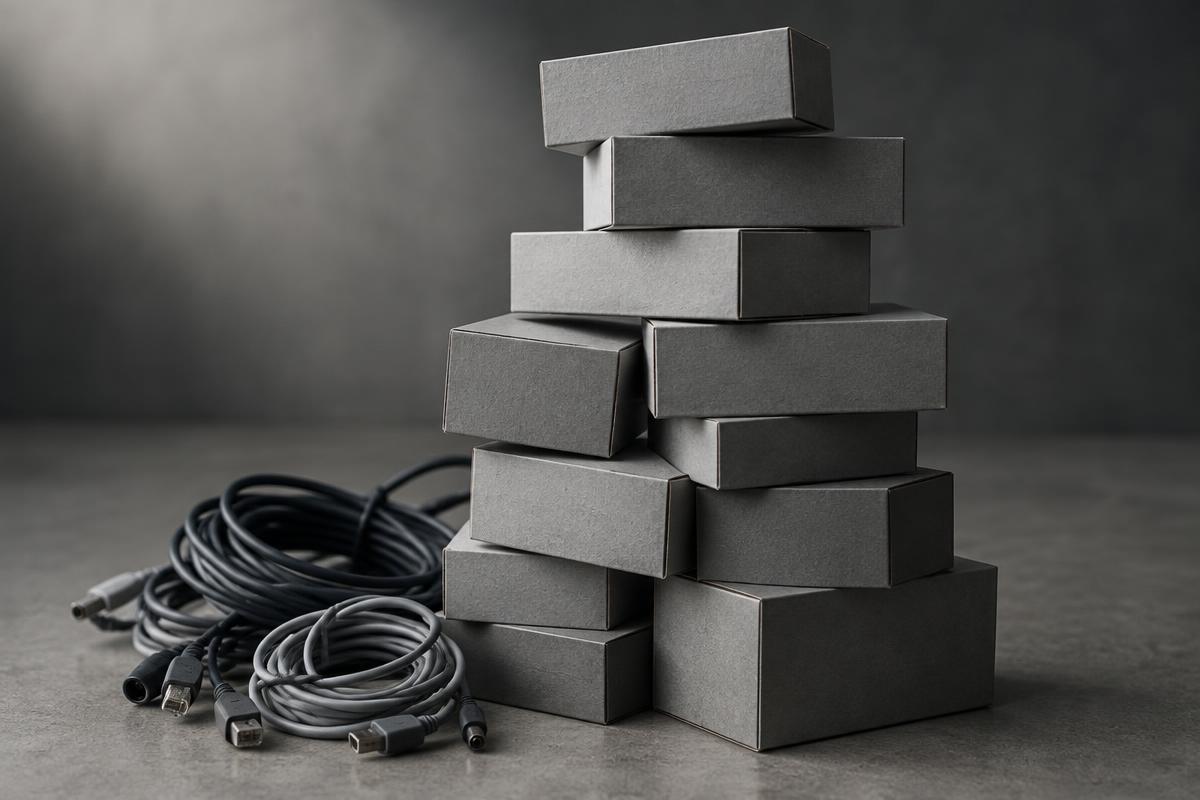 A stack of identical plain boxes and tangled cables