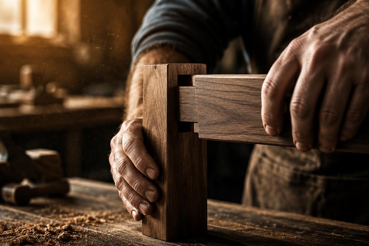 A craftsman's hands fitting a precisely made bespoke wooden joint